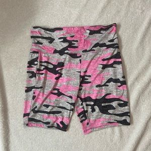 pink and grey camo biker shorts.